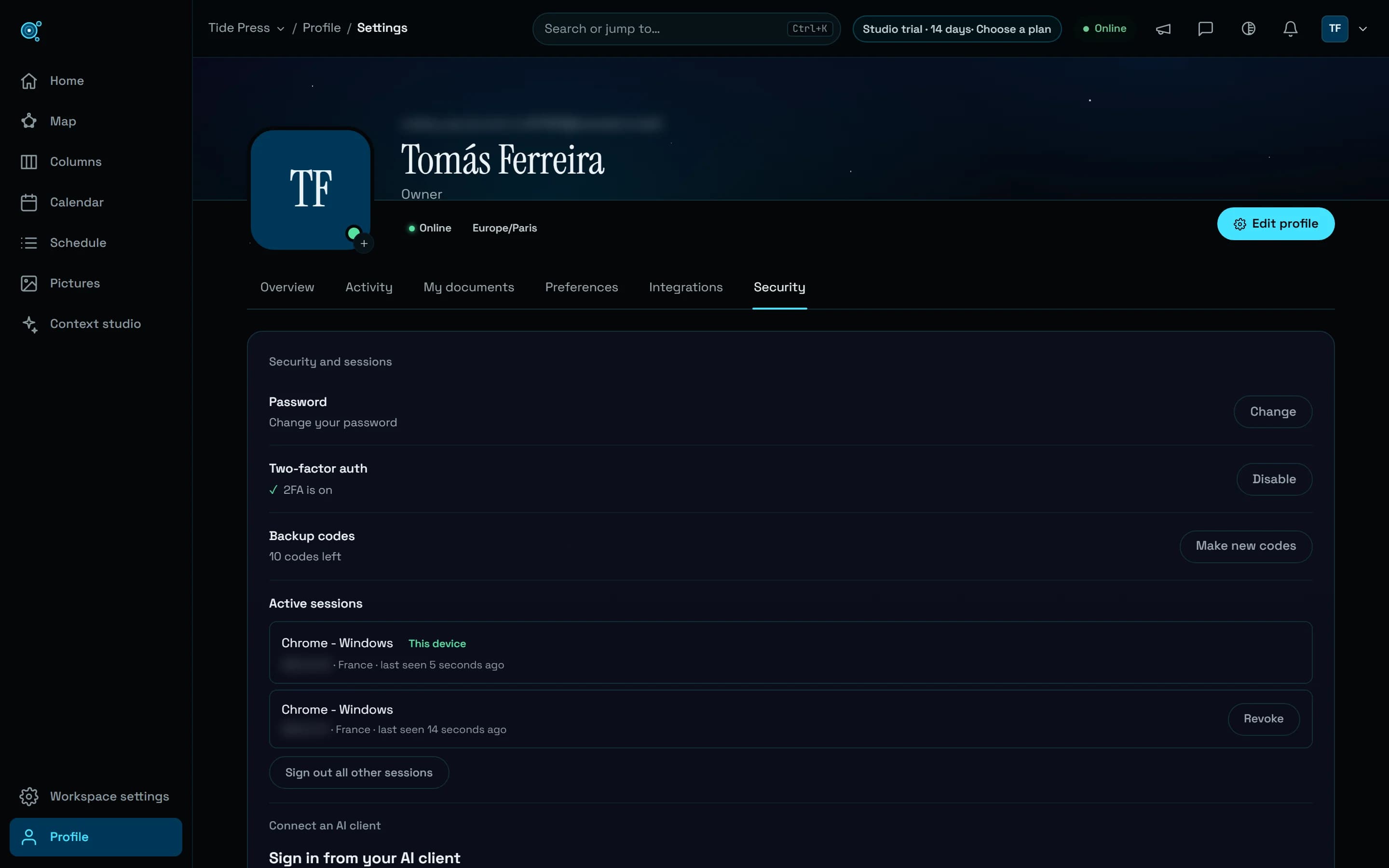 The Security tab of the Profile of Tomás Ferreira, a test account in a fictional workspace, in Nodary: Two-factor auth with 2FA is on and Disable, Backup codes with 10 codes left and Make new codes, then Active sessions, each with its browser and system, Chrome on Windows, its approximate country, France, and when it was last seen. For this picture, the test account’s email is blurred, and each session’s address is replaced with a documentation address, then blurred.