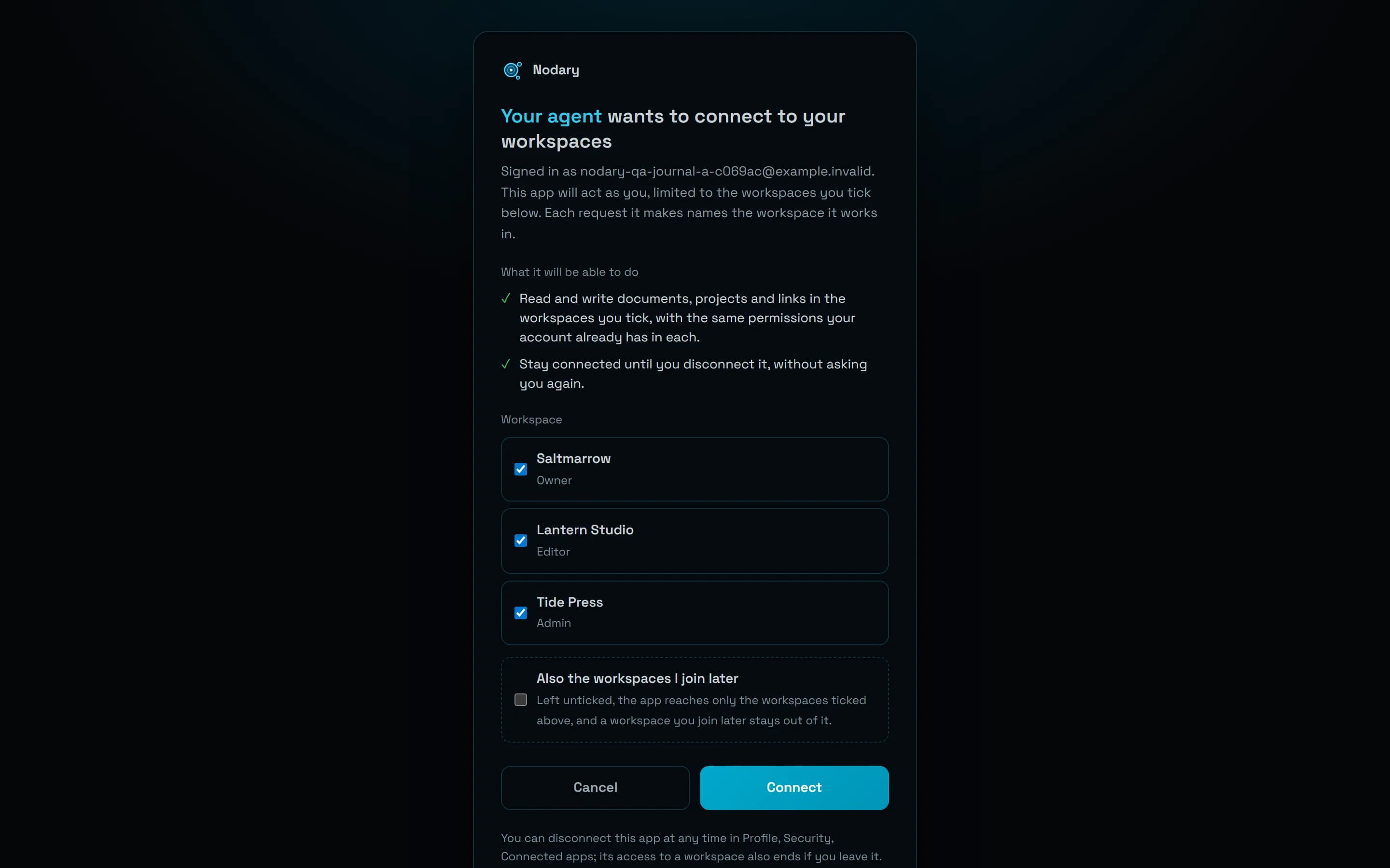 Nodary’s consent screen for an MCP client named Your agent, with a test account signed in: Your agent wants to connect to your workspaces, Saltmarrow (Owner), Lantern Studio (Editor) and Tide Press (Admin) ticked, Also the workspaces I join later left unticked, then Cancel and Connect.