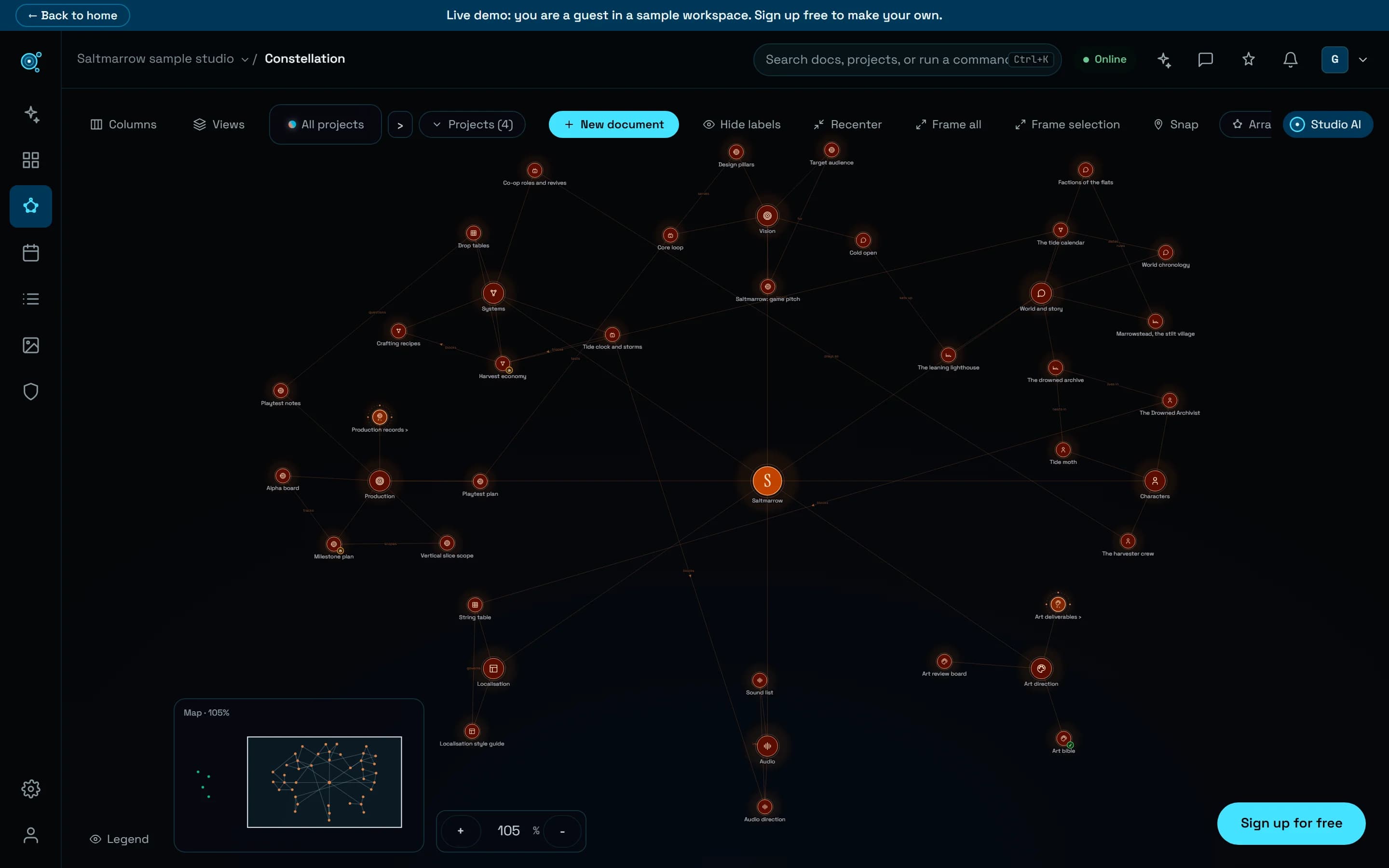 The Saltmarrow map in Nodary’s live demo with the new interface: the Nodary mark in the rail, a cyan New document action, and the project’s orange stars on a night background.