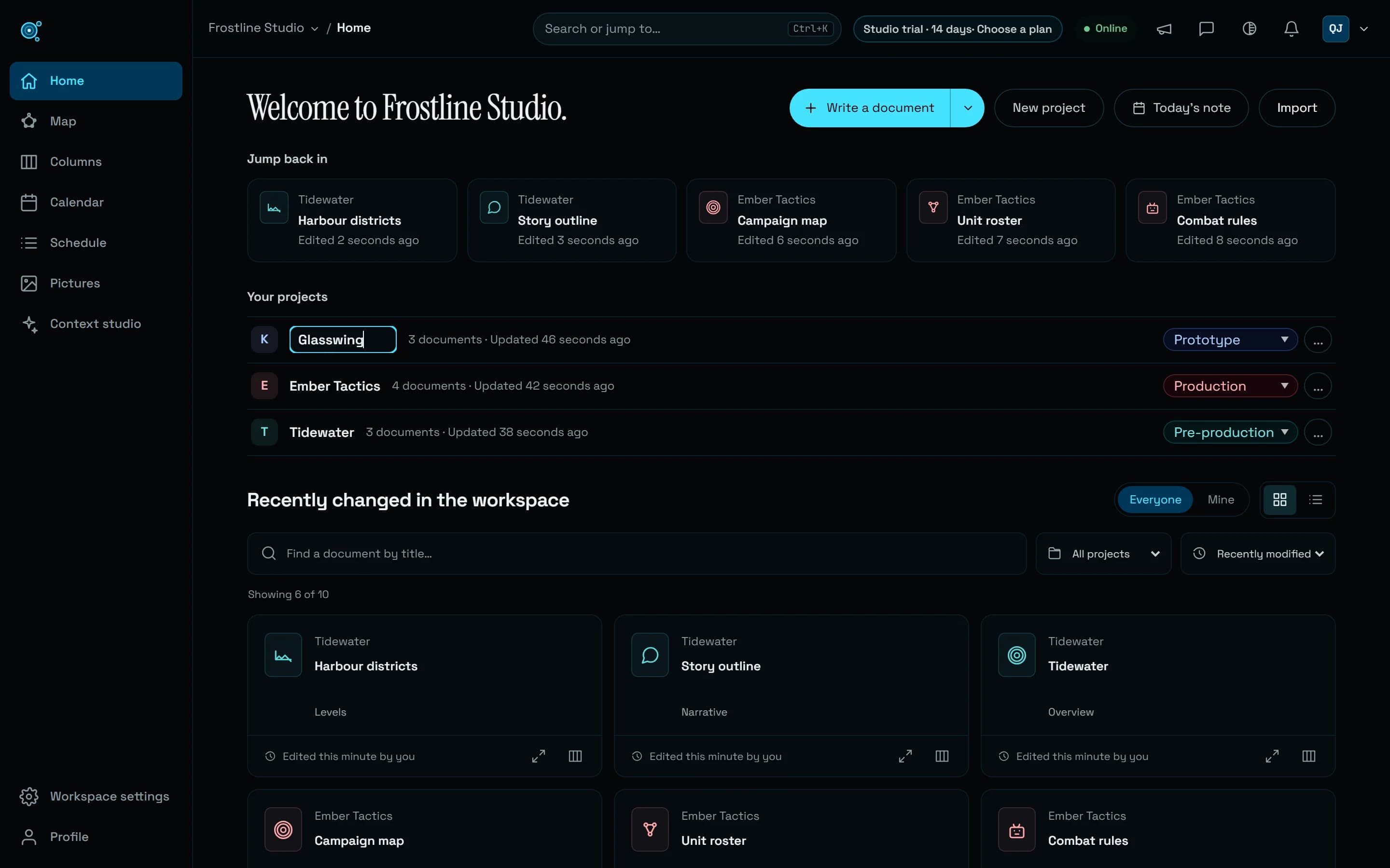 The Home of Frostline Studio, a fictional games studio, in Nodary: under Your projects, the name of Project Kestrel has turned into a field holding the new name, Glasswing, typed in place beside its 3 documents, with Ember Tactics and Tidewater below and the documents to jump back into above.