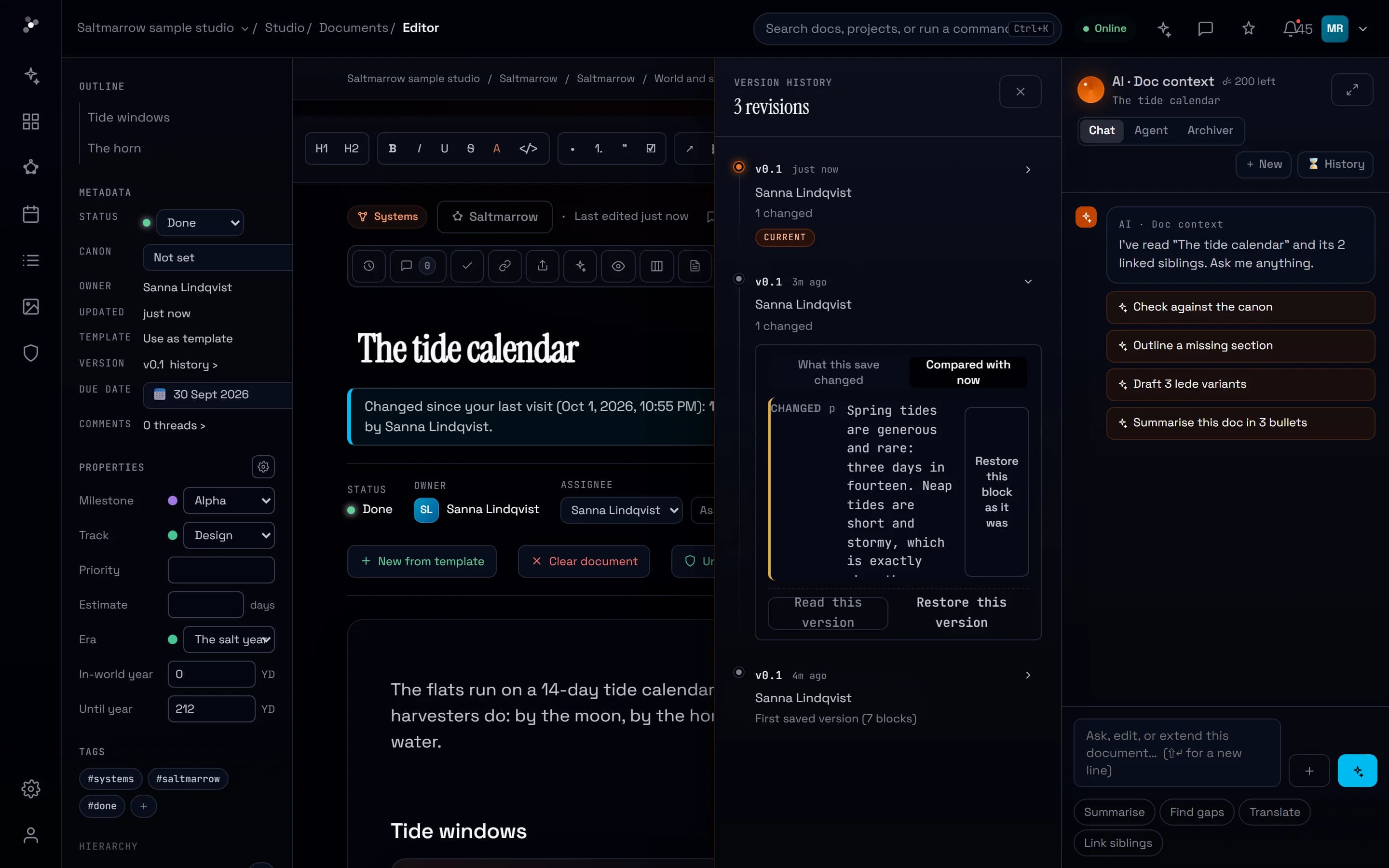 The tide calendar of Saltmarrow, a fictional sample project, after Sanna Lindqvist changed it: a note above the page says what changed since the last visit and by whom, the version history beside it compares her save with now, and the details rail shows the Alpha milestone, the owner and the due date