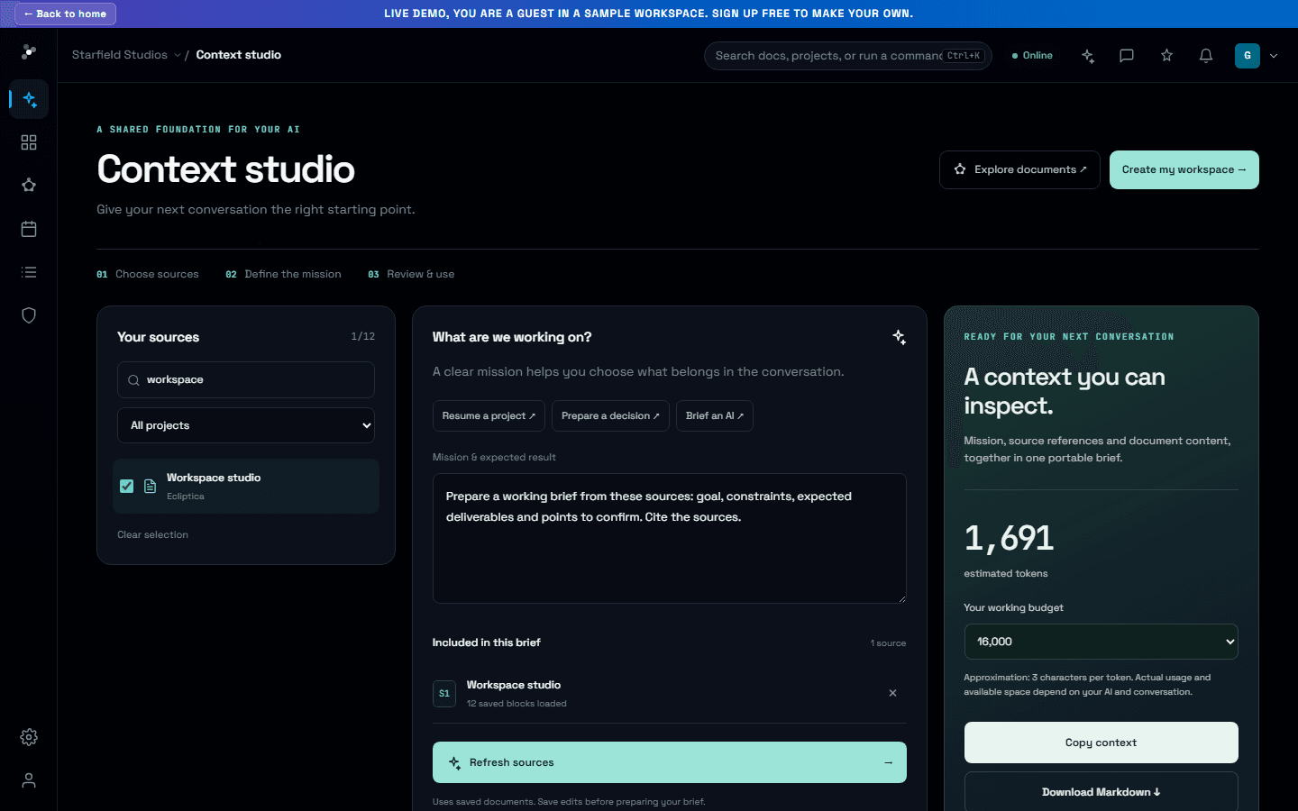 Context studio with selected project sources and a prepared brief
