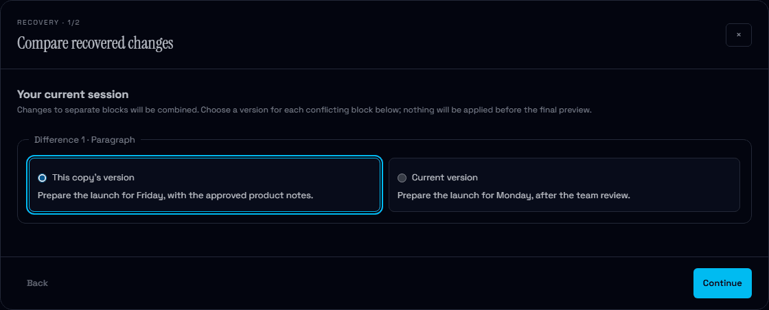 Nodary recovery comparison showing two versions of a launch plan and an explicit choice before applying changes