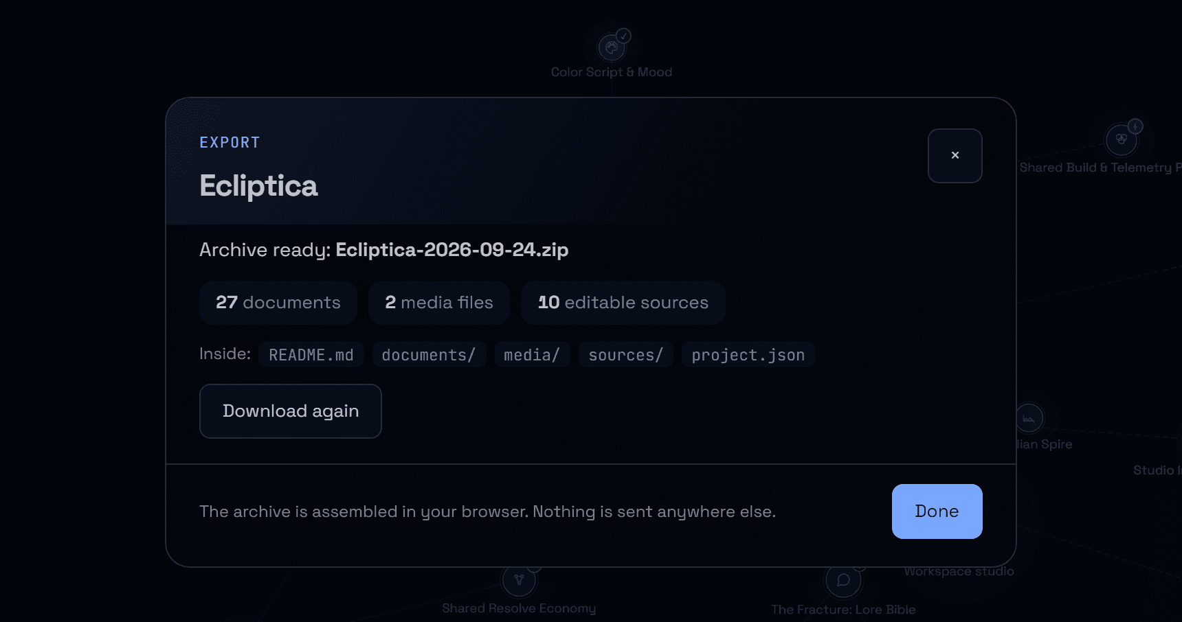 Nodary export dialog showing a ready archive for the Ecliptica project with document, media and source counts