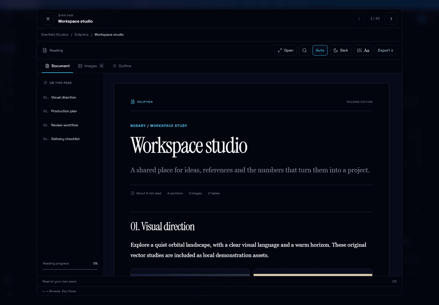 Nodary quick look with previous and next document controls, project breadcrumbs and a dark document reader