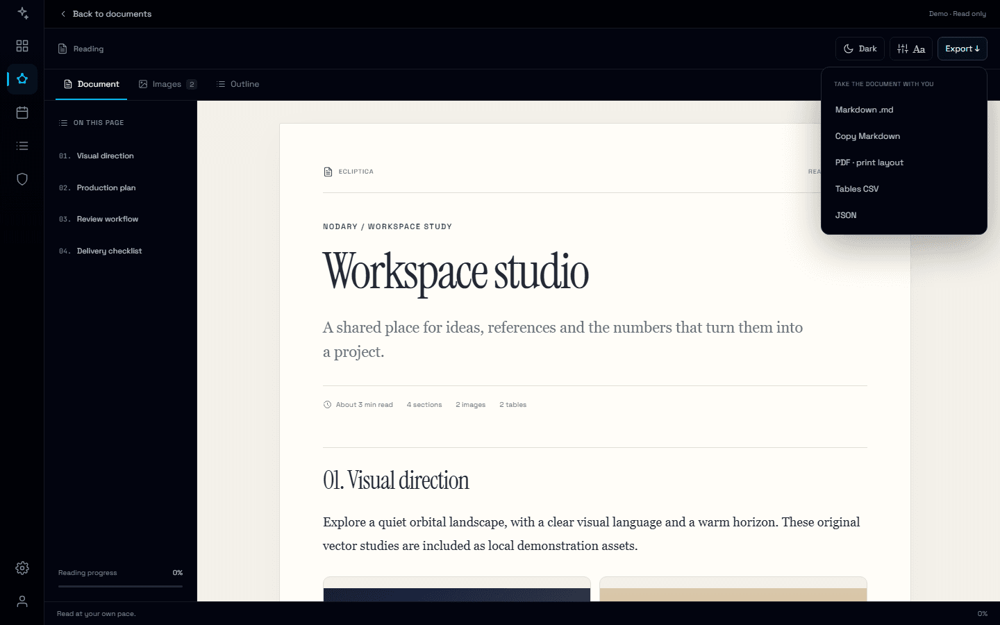 Nodary document reader with Markdown, CSV, JSON and PDF export options open on demonstration content
