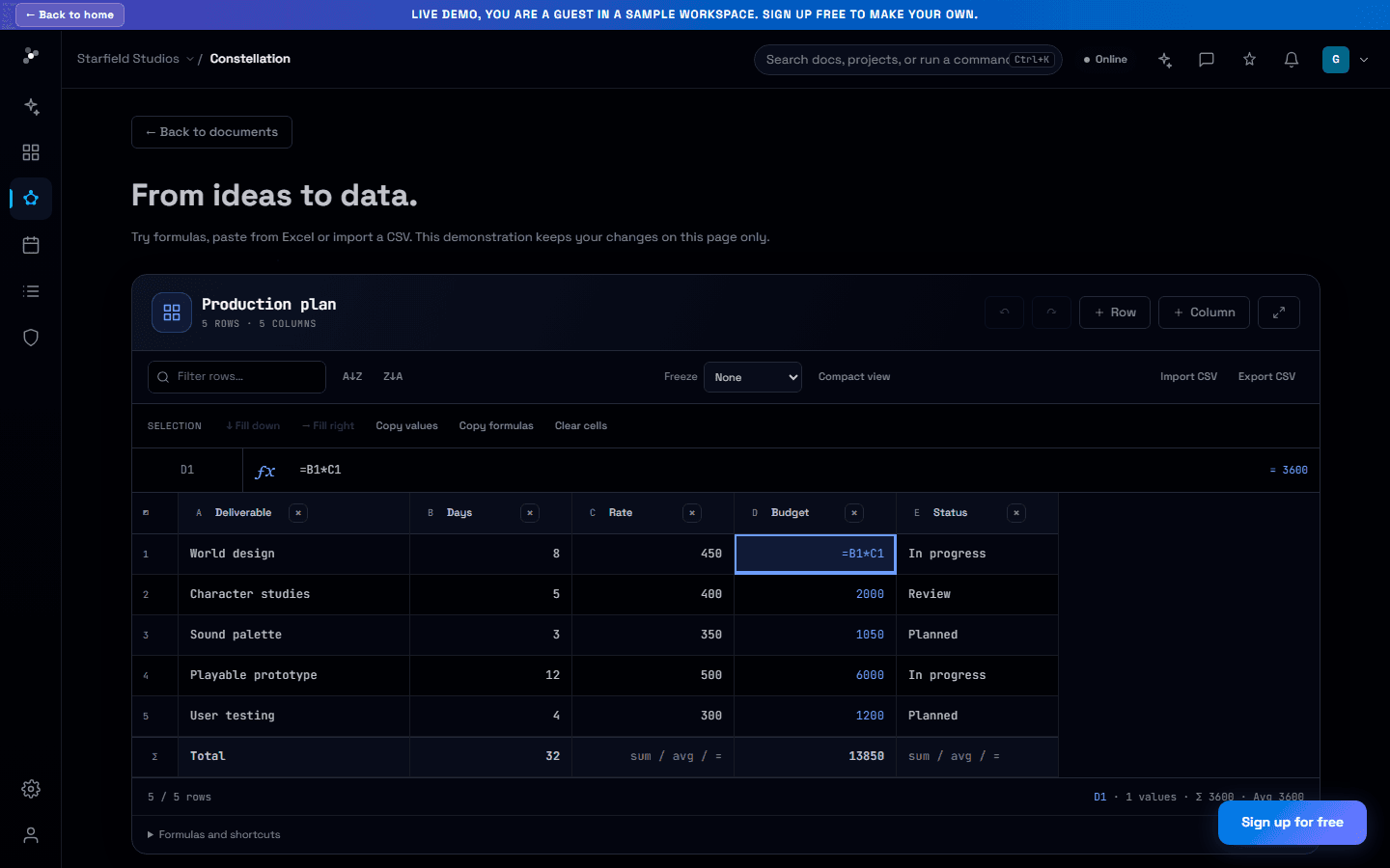 Nodary demonstration spreadsheet in dark mode with deliverables, costs, statuses and a selected budget formula