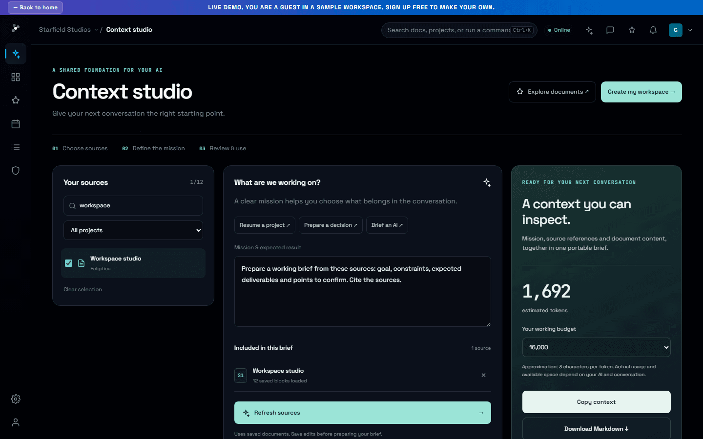 Nodary context studio preparing a project brief from selected demonstration sources
