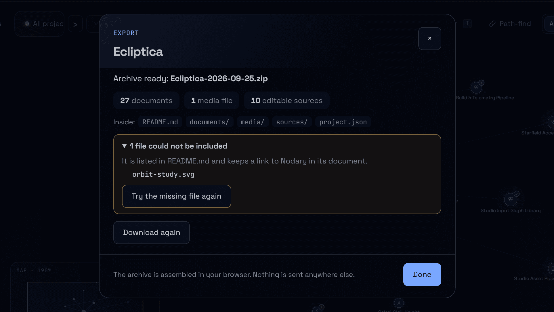 Nodary export dialog with a ready archive, listing one file that could not be included and a button to try that file again