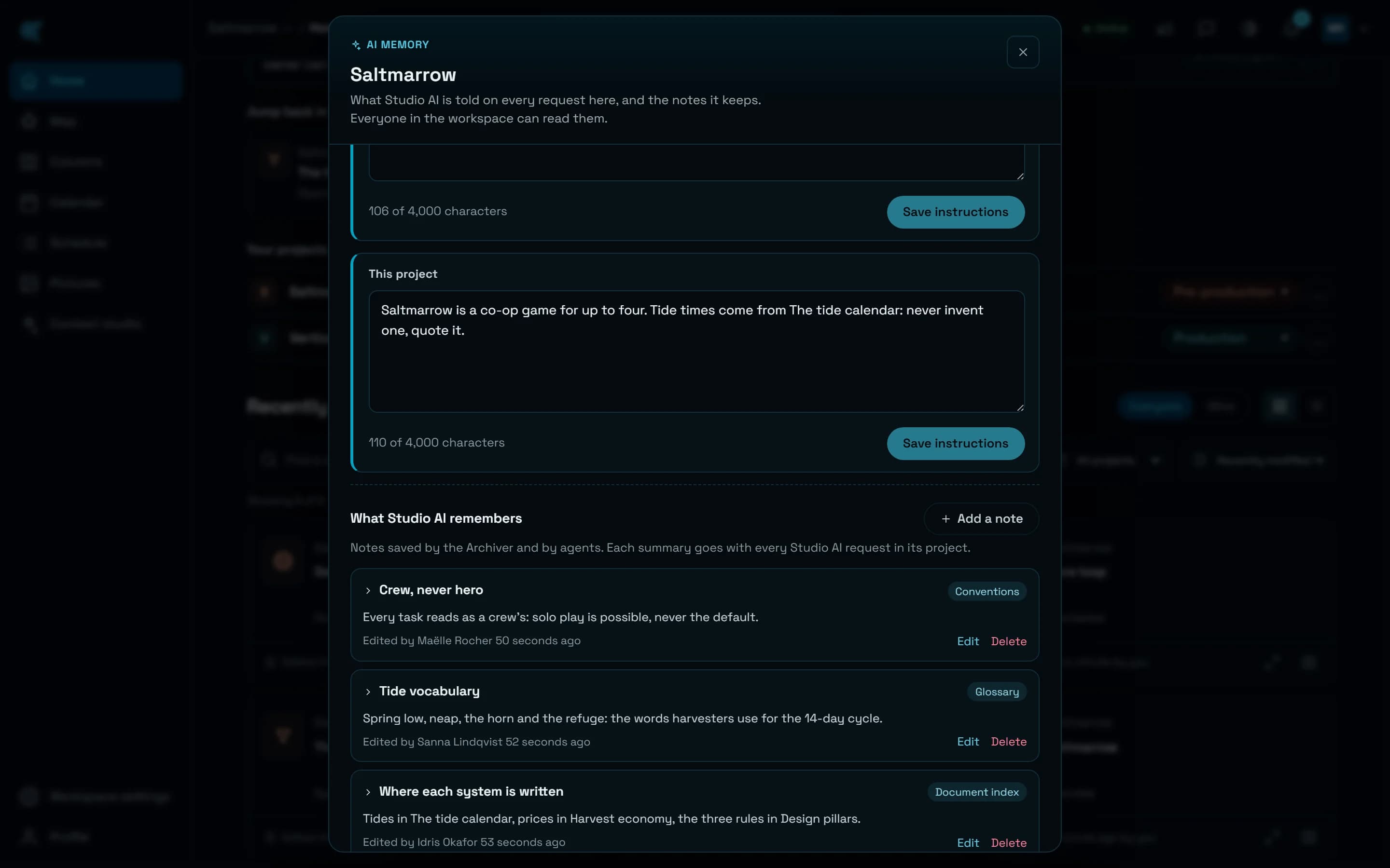 La mémoire de l’IA de Saltmarrow, un projet d’exemple fictif, dans Nodary, en anglais, la fenêtre défilée vers le bas : sous la fin des instructions de l’espace (106 of 4,000 characters, Save instructions), le cadre This project avec les instructions propres au projet, « Saltmarrow is a co-op game for up to four. Tide times come from The tide calendar: never invent one, quote it. », 110 caractères sur 4 000, puis What Studio AI remembers avec trois notes, Crew, never hero, Tide vocabulary et Where each system is written, chacune modifiée par un coéquipier différent il y a moins d’une minute, avec Edit et Delete.
