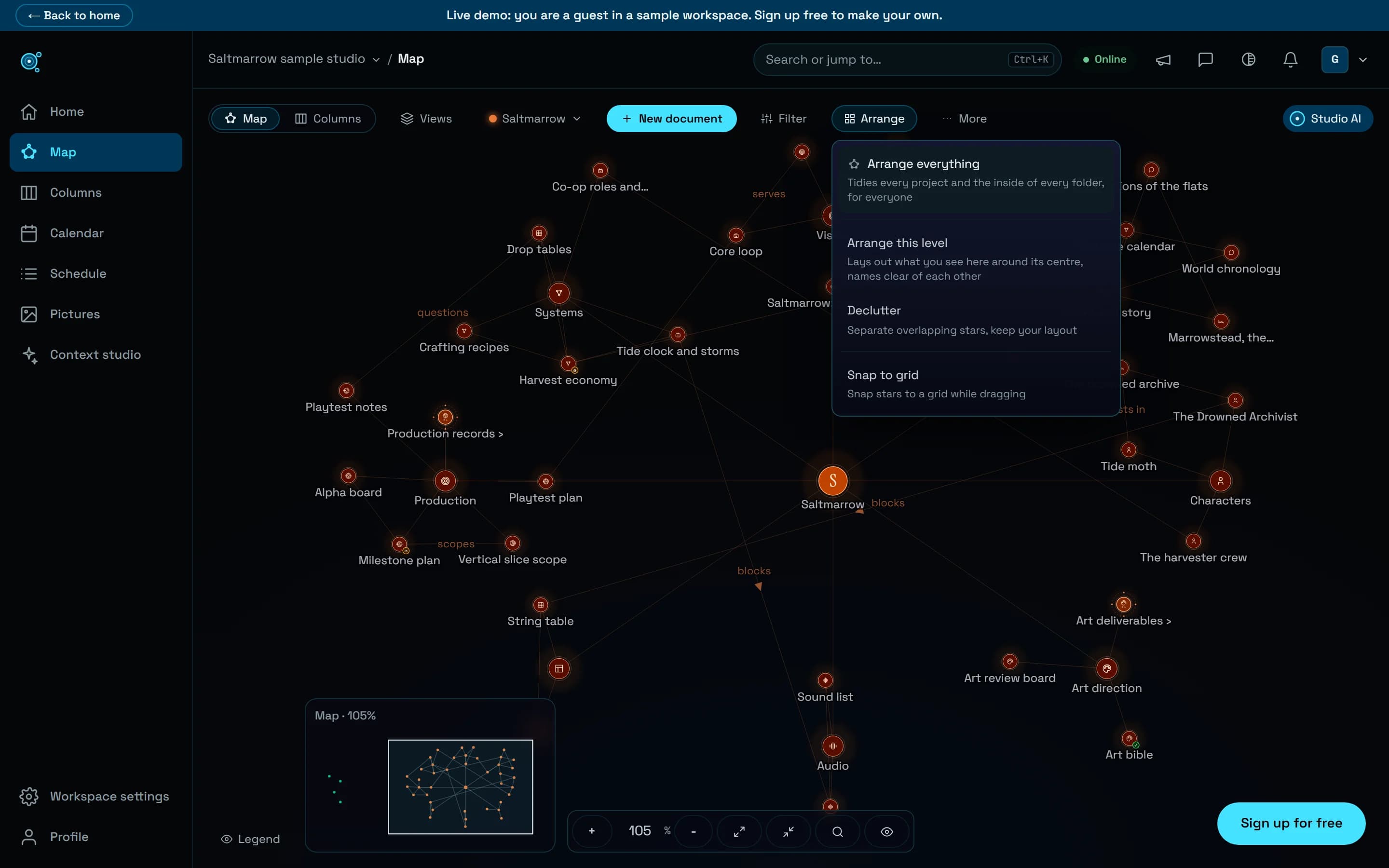 La carte de Saltmarrow dans la démo en direct de Nodary, le menu Ranger ouvert : Tout ranger, qui range chaque projet et l’intérieur de chaque dossier pour toute l’équipe, puis Ranger ce niveau, Désencombrer et Aimanter à la grille.