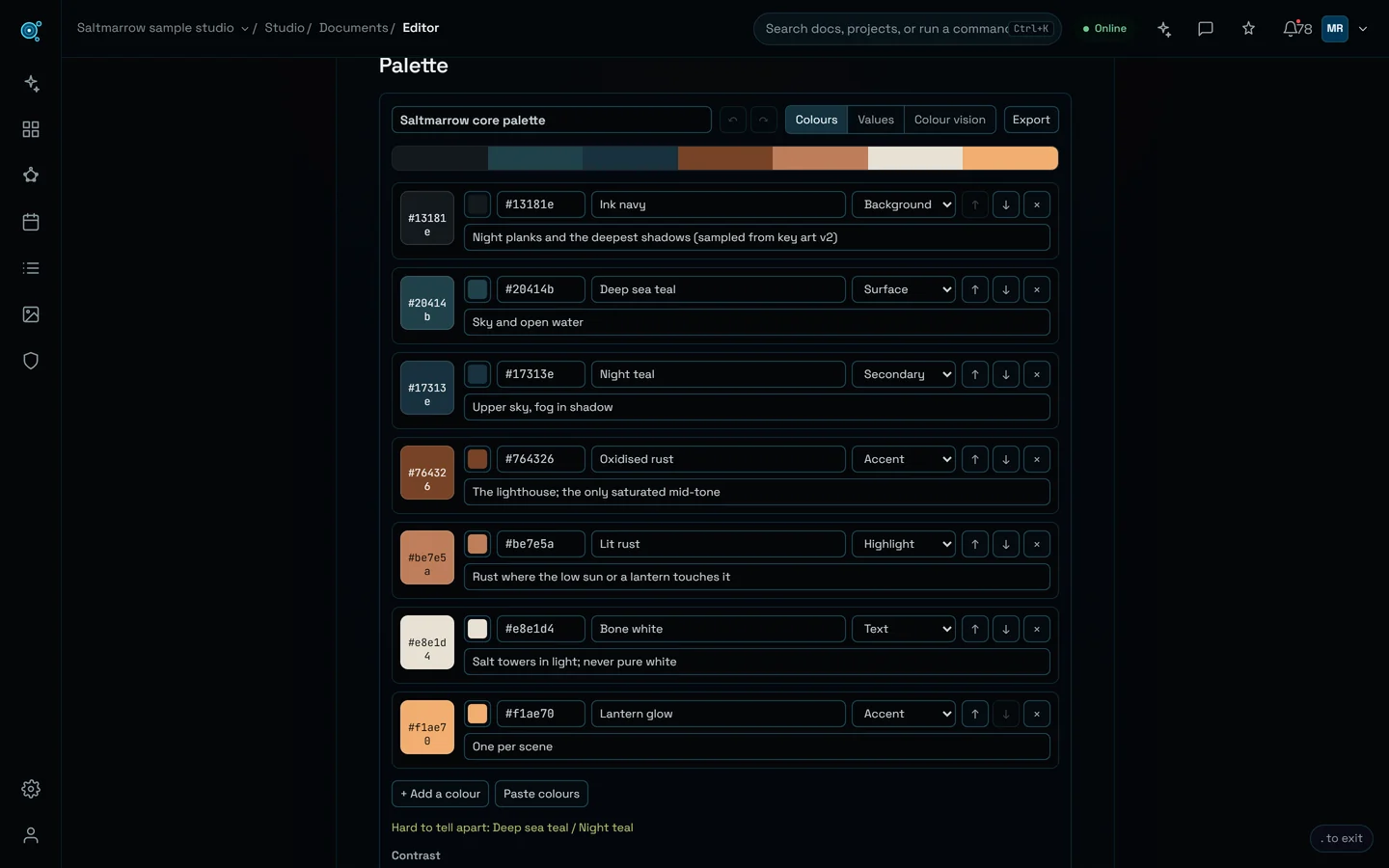A colour palette block in Nodary: named swatches sampled from a key art, each with its role, a note and WCAG contrast checks.