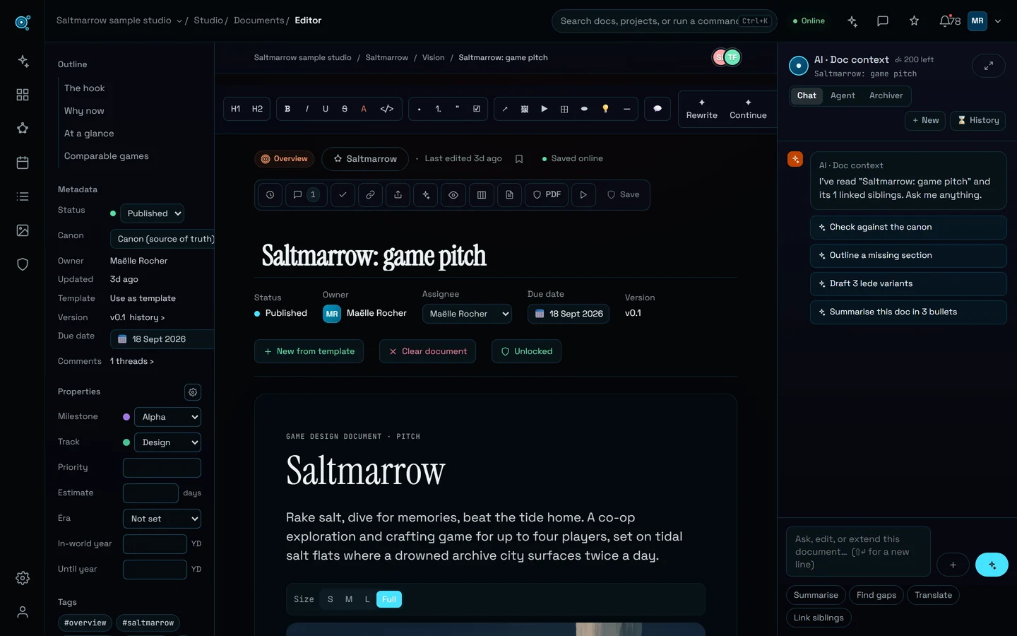 Питч игры Saltmarrow в редакторе Nodary: оглавление, статус, владелец, срок и свойства проекта в левой колонке, кей-арт и текст питча на странице, ИИ-помощник документа справа.