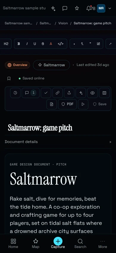 Питч игры Saltmarrow на телефоне в Nodary: кей-арт, заголовок и текст питча, которые можно читать и редактировать.