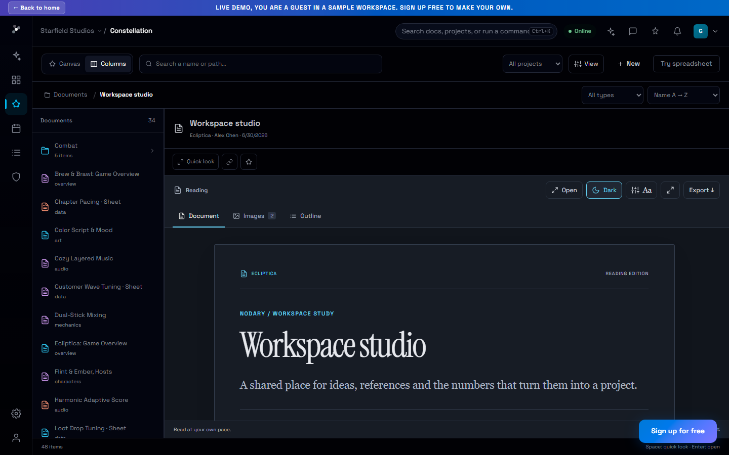 Nodary column browser displaying a project hierarchy beside a document preview