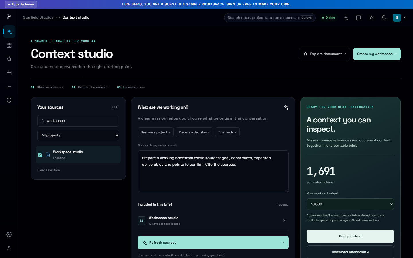 Context studio with selected project sources and a prepared brief