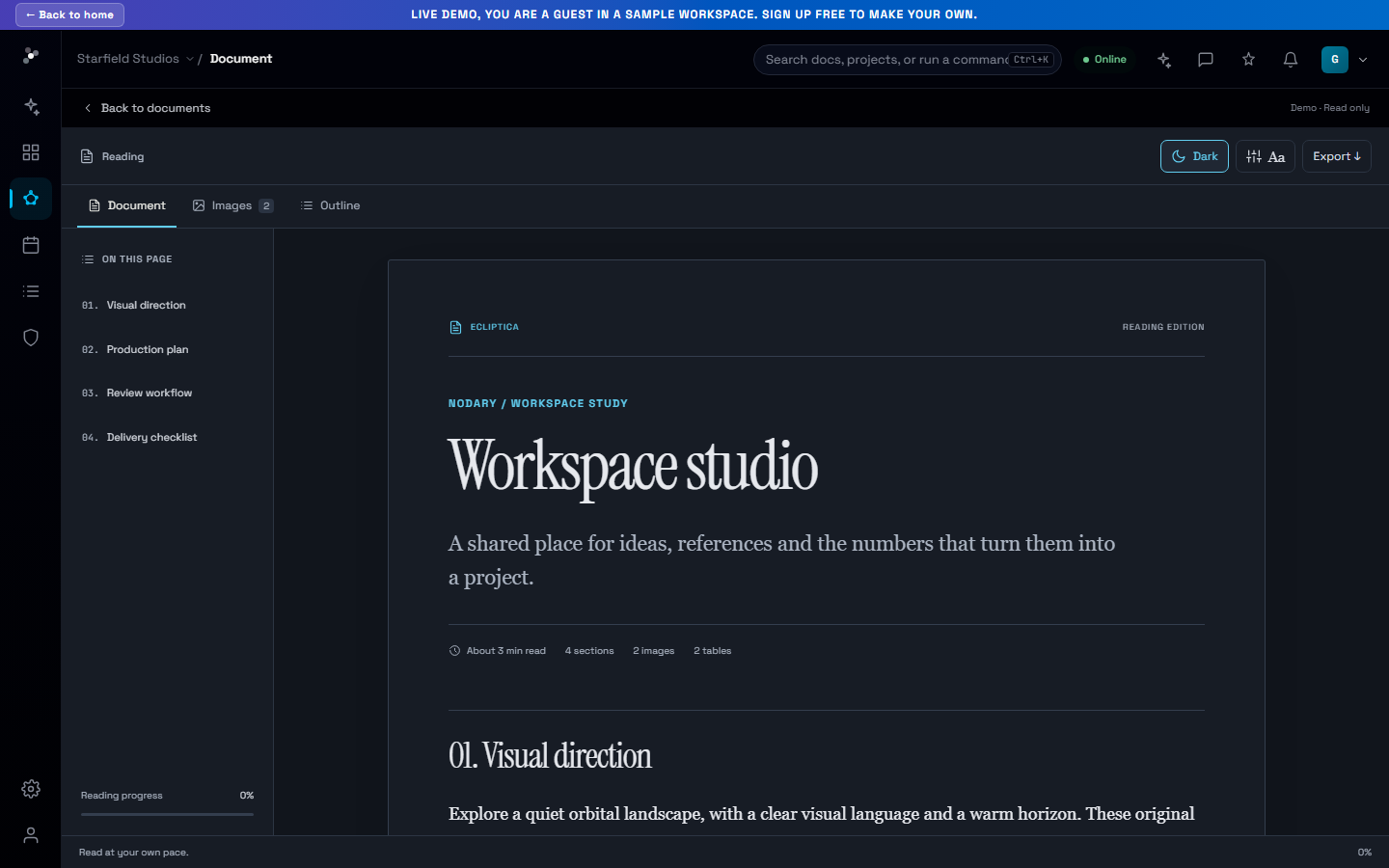 Nodary document reader in dark mode with a section outline and visual references